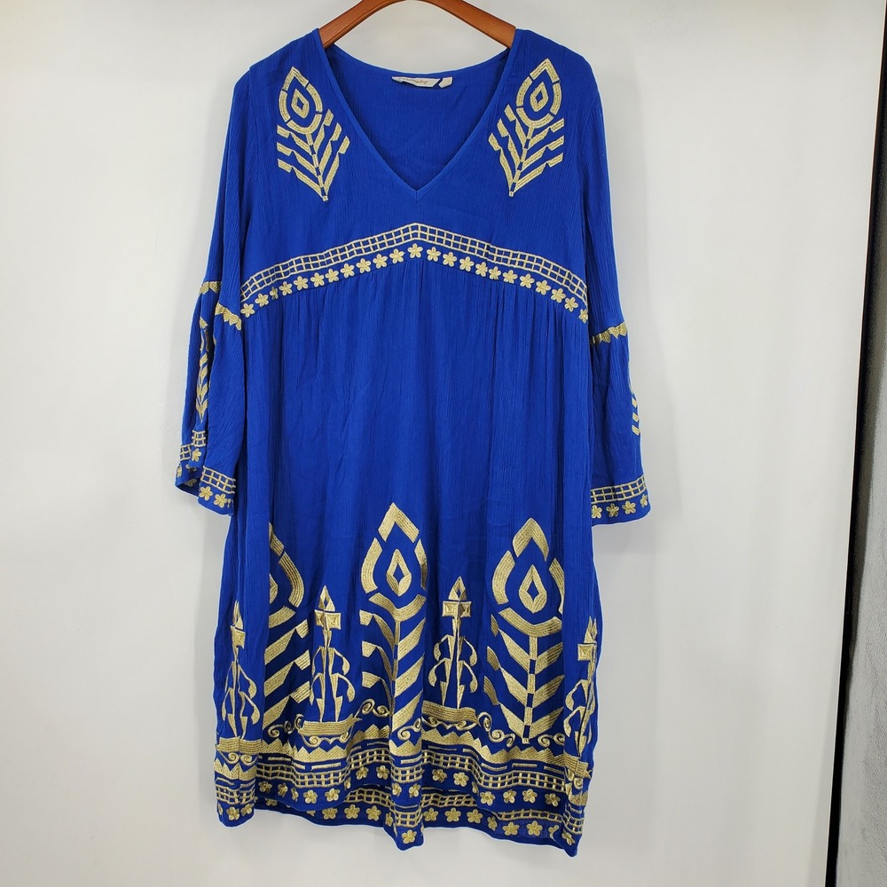 Soft Surroundings Zaneta Dress Blue Gold Embroidered Cotton Gauze Bell Sleeve 1X